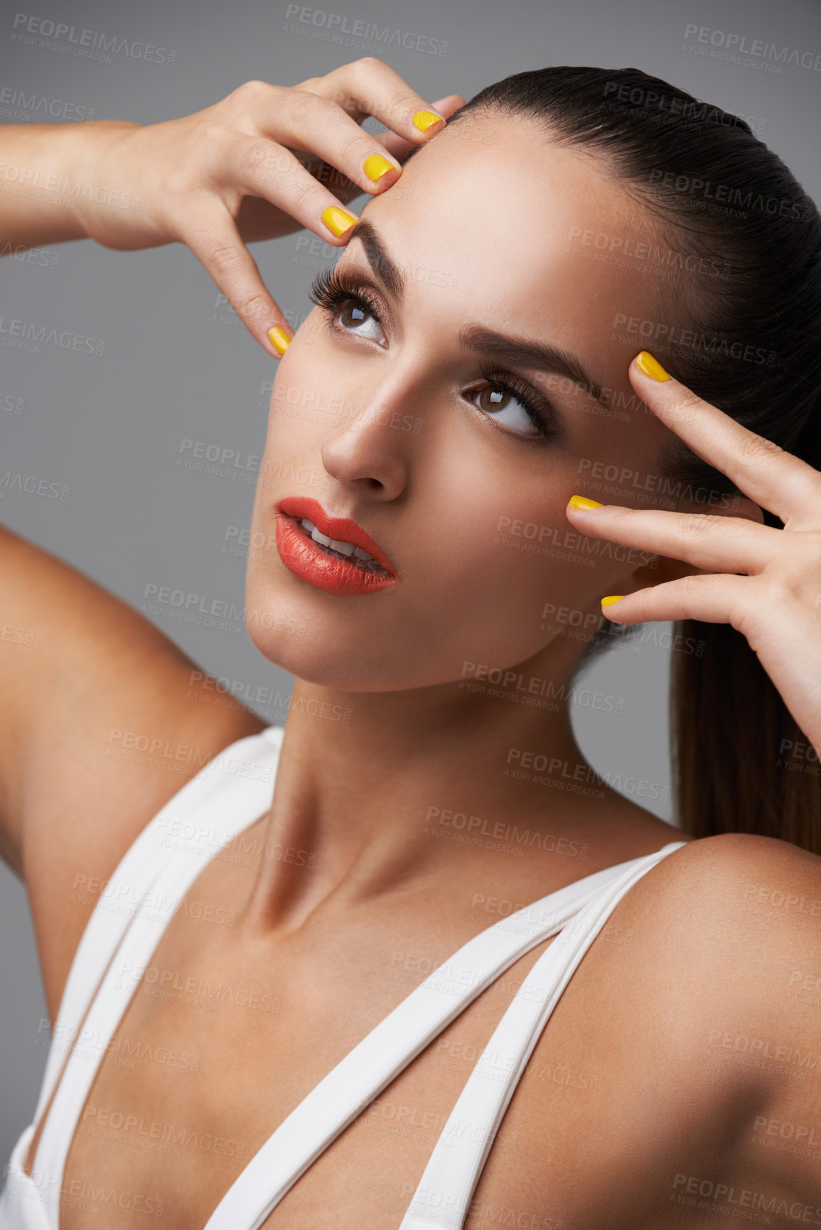 Buy stock photo Face, beauty and thinking with manicure woman in studio isolated on gray background for cosmetology. Makeup, lipstick and cosmetics with confident young model closeup for luxury or colorful nails