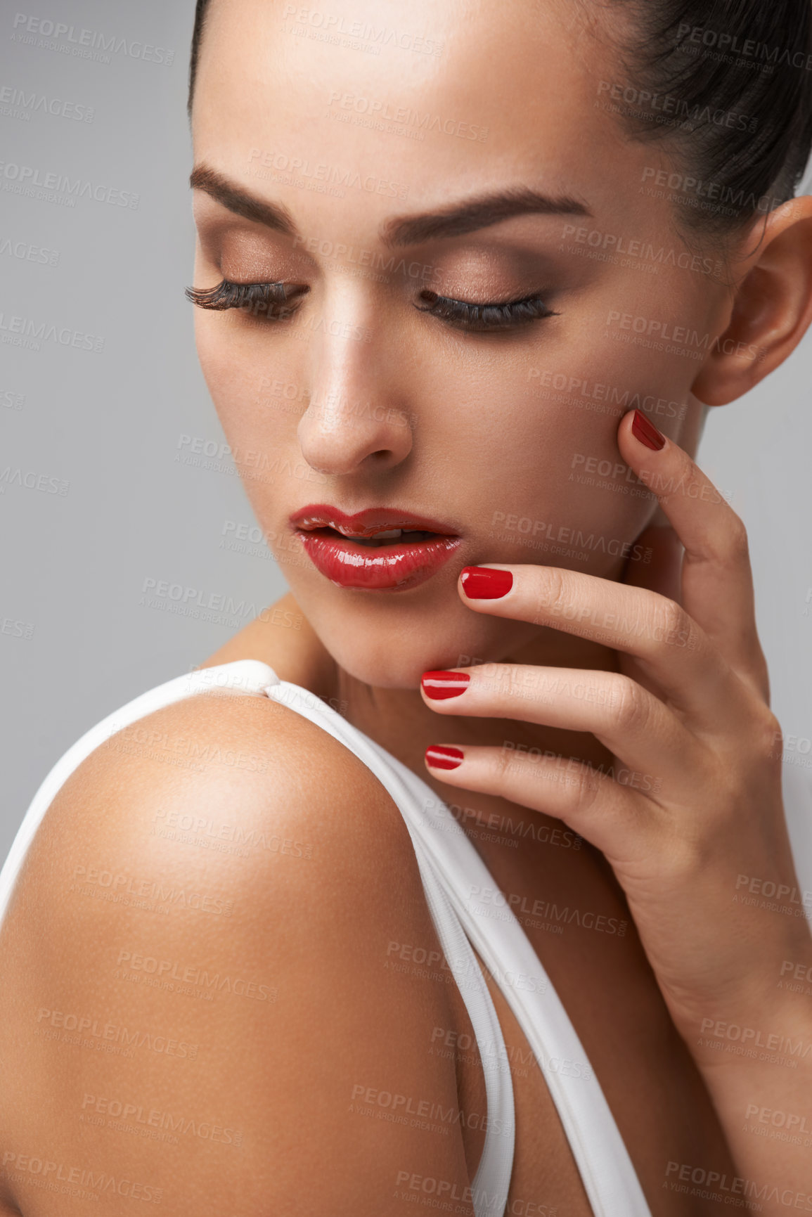 Buy stock photo Makeup, woman for beauty and manicure in studio, nail polish and lashes with skin and cosmetics on grey background. Red lipstick, color nails and glamour with mascara for confidence and elegance