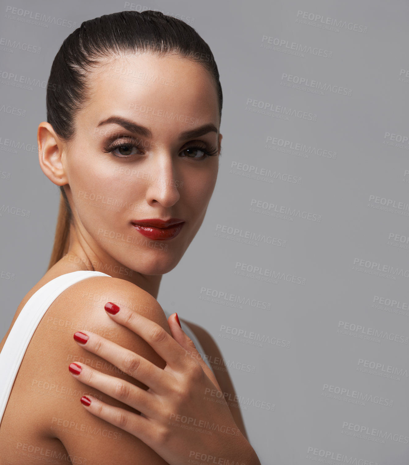 Buy stock photo Makeup, woman in portrait for cosmetics and manicure in studio, nail polish and lashes with skin and beauty on grey background. Red lipstick, nails and glamour, mascara for confidence and elegance
