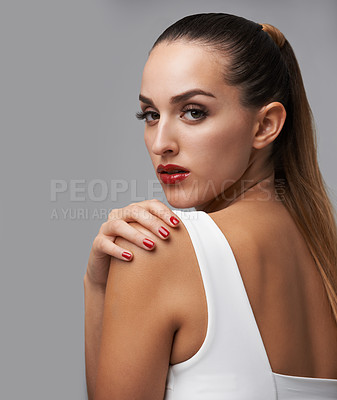 Buy stock photo Woman, portrait and hand with makeup and manicure, nail polish and cosmetic care for skin on grey background. Face, confidence and beauty with red lipstick and color nails for glamour in studio