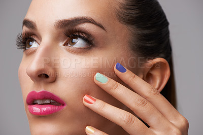 Buy stock photo Attractive model looking away while wearing the latest cosmetic trends