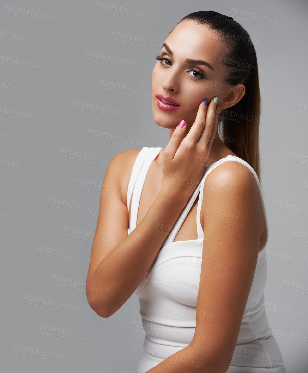 Buy stock photo Beauty, manicure color and portrait of woman with studio makeup, skincare shine or hand paint design. Nail polish treatment, creativity and elegant person with cosmetic routine on grey background
