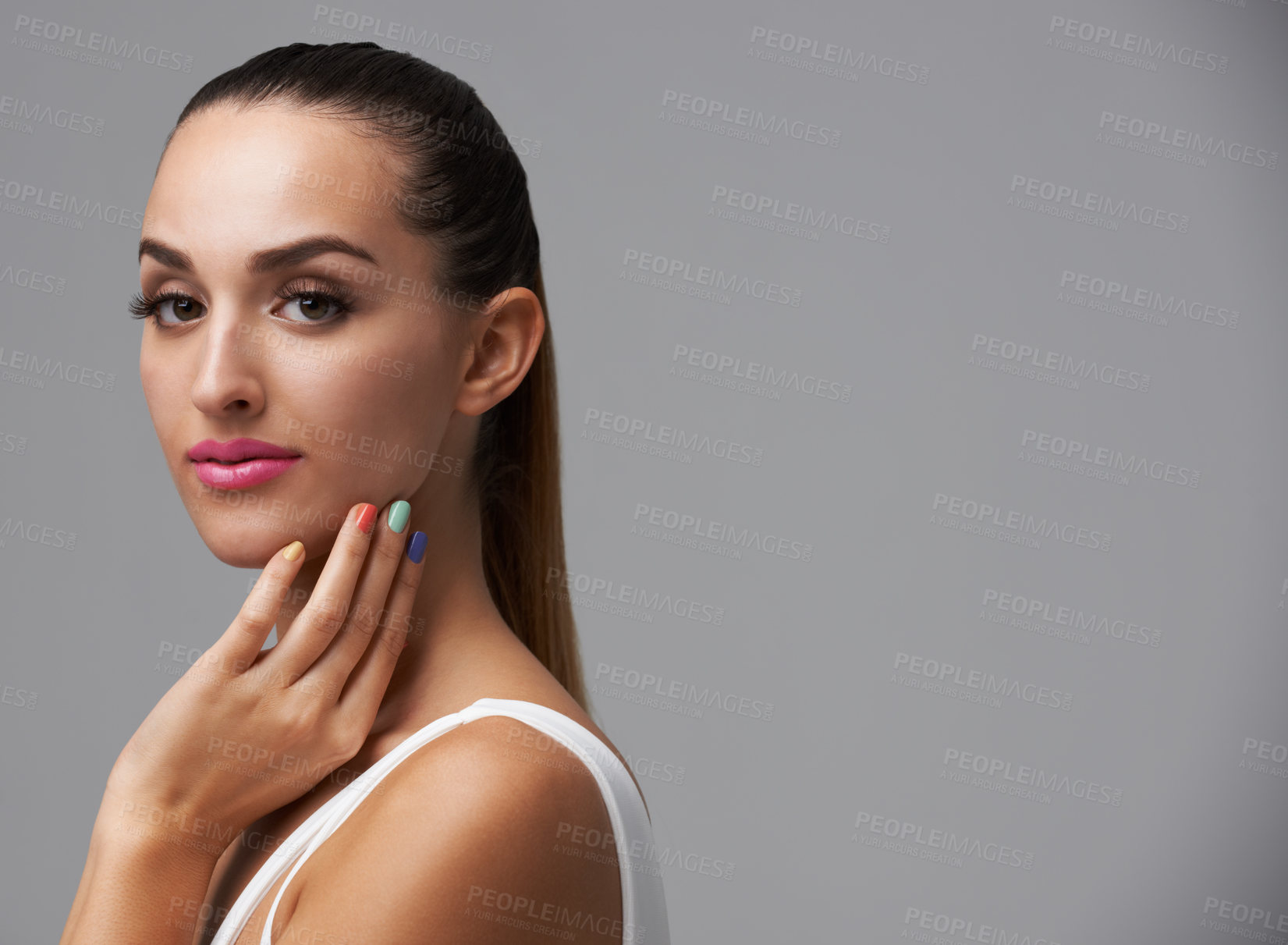 Buy stock photo Cosmetics portrait, manicure color and woman with studio makeup, beauty care or creativity in hand paint design. Nail salon, fresh treatment and spa wellness girl with mockup space on grey background