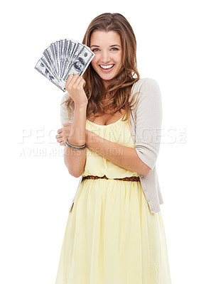 Buy stock photo Portrait, studio and woman excited for money, dollars or winning gambling prize, cashback bonus or deal increase. Financial success, competition prize and cash winner happiness on white background 