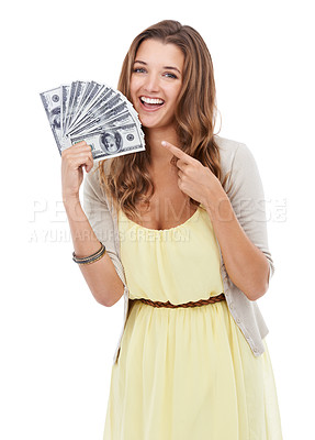 Buy stock photo Portrait, studio and happy woman point at money from gambling prize victory, lotto reward or investment profit. Financial success, competition prize and cash winner of dollars on white background 