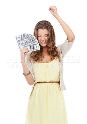Buy stock photo Success, money and woman lottery winner in studio isolated on white background for celebration of promotion. Cash, wow and financial freedom with young person cheering for payment, bonus or salary