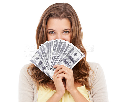 Buy stock photo Portrait, wealth and studio woman with money, dollars or bills for financial freedom, savings budget or income revenue. Success, prize achievement and face of rich cash winner on white background
