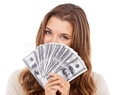 Buy stock photo Portrait, dollars and studio woman with money, credit or bills for financial freedom, savings budget or salary income. Finance success, competition prize and face of cash winner on white background 