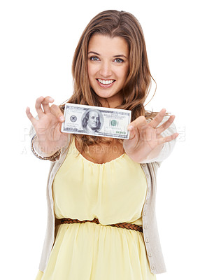 Buy stock photo Studio shot of a beautiful young woman holding out a dollar bill