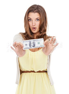 Buy stock photo Portrait, money and studio woman with wow facial expression for financial freedom, savings budget or salary income. Finance success, competition prize and shocked cash winner on white background 