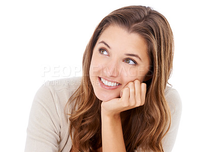 Buy stock photo A beautiful young woman leaning with her head on her hand and looking thoughtful