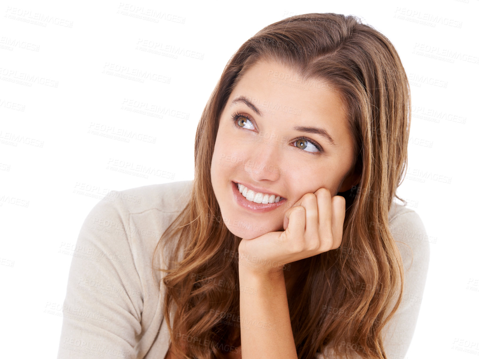 Buy stock photo A beautiful young woman leaning with her head on her hand and looking thoughtful