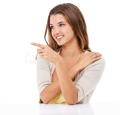 Buy stock photo Deal, happy woman or pointing to offer, announcement or advertising space on white background. Smile, studio or model with presentation for marketing of promotion, sale information or ads commercial