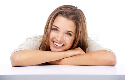 Buy stock photo Studio, table or happy woman in portrait with skincare, wellness or smile isolated on white background. Model, relax and female person with glow or face with confidence or natural beauty on break