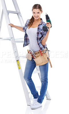 Buy stock photo Woman, portrait and ladder or tool for construction worker for building career, maintenance or diy. Female person, face and power drill or studio on white background or improvement, project or mockup