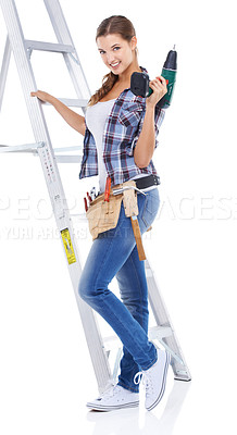 Buy stock photo Woman, portrait and ladder or drill in studio as construction worker for home maintenance, building or white background. Female person, face and tool belt for renovation, contractor or mockup space