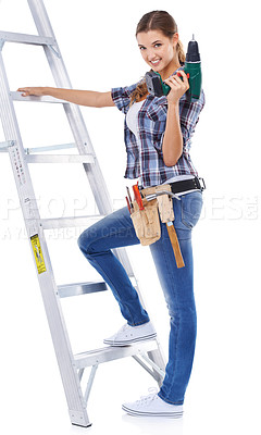 Buy stock photo Woman, portrait and ladder or drill as construction worker or  handyman for building, maintenance or power tools. Female person, face and studio on white background for improvement, project or mockup