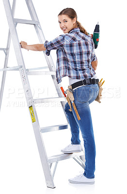 Buy stock photo Woman, portrait and ladder with drill for renovation maintenance or construction worker for diy, inspection or remodel. Female person, face and white background in studio or power tool, job or mockup