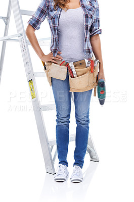 Buy stock photo Building, construction or DIY and woman with ladder in studio isolated on white background for project. Renovation, maintenance and repair with handyman, contractor or builder for home improvement