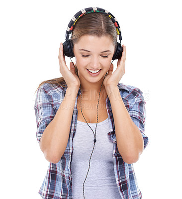 Buy stock photo Woman, headphones and listening to music in studio for audio for streaming entertainment, track or white background. Female person, smile and headset for radio techno, subscription or mockup space