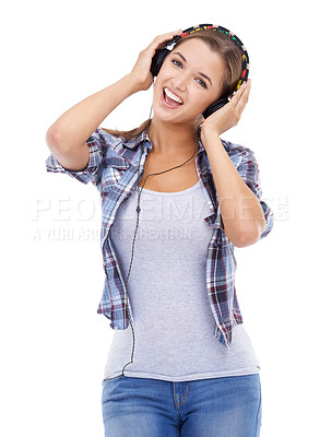 Buy stock photo Woman, portrait and headphones for listening to music in studio for audio entertainment, track or white background. Female person, smile and headset for radio techno, subscription or mockup space