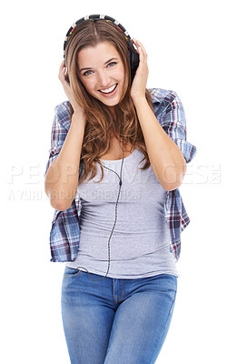Buy stock photo Portrait, smile and headphones for music with woman in studio isolated on white background for sound. Radio, audio or podcast and happy young person listening to song with streaming subscription