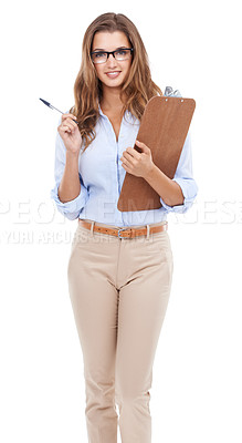 Buy stock photo Portrait, smile for checklist and woman with clipboard in studio isolated on white background for information. Survey, documents and questionnaire with happy young accountant, agent or auditor 