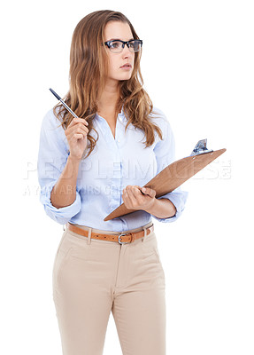 Buy stock photo Thinking, doubt for survey and woman with clipboard in studio isolated on white background for information. Checklist, documents and problem solving idea with young accountant, agent or auditor 