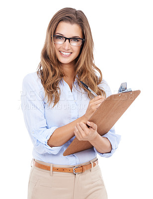 Buy stock photo Portrait, smile for survey and woman with clipboard in studio isolated on white background for information. Checklist, documents and questionnaire with happy young accountant, agent or auditor 