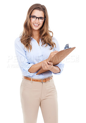 Buy stock photo Portrait, smile for documents and woman with clipboard in studio isolated on white background for information. Checklist, survey and questionnaire with happy young accountant, agent or auditor
