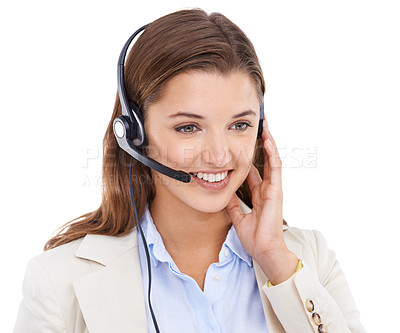 Buy stock photo Customer service, headset or face of happy woman on business communication, telemarketing or help desk advisory. Tech support studio, microphone or professional consultant talking on white background