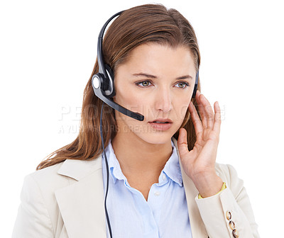 Buy stock photo Call center, headset or woman listening in studio for communication or speaking in customer services. White background, virtual assistant or female sales agent with microphone in CRM or tech support 