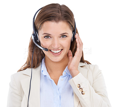 Buy stock photo Closeup studio portrait of a businesswoman talking on a headset isolated on white