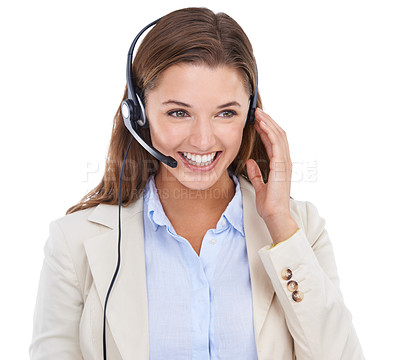 Buy stock photo Customer care, headset and face of happy woman on business communication, telemarketing or help desk advisory. Tech support studio, contact centre and corporate agent networking on white background
