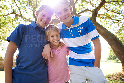 Buy stock photo Friends, brothers and embracing in nature portrait, children and care in childhood or smiling. Happy siblings, hug and satisfaction on outdoors adventure, love and having fun on vacation or holiday