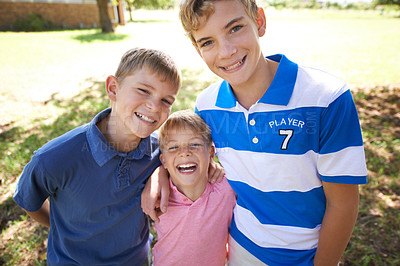 Buy stock photo Children, portrait and smile in backyard as brothers for bonding connection, playing or summer holiday. Boys, kids and face on grass in sunshine for relax family fun for vacation, friendship or youth