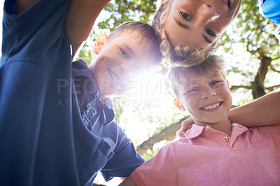Buy stock photo Children, friends and portrait in nature or happy for exploring adventure for sunshine, backyard or below. Boys, face and smile youth or play game in outdoor woods or summer holiday, bond or social
