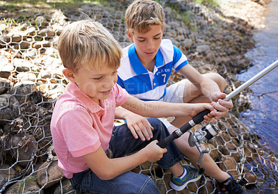 Buy stock photo Children, friends and fishing rod at river for summer holiday at countryside for vacation, learning or travel. Kids, boys and happy for catch adventure at lake for bonding teamwork, teaching or relax