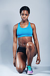African woman, body and fitness in studio portrait, sportswear and