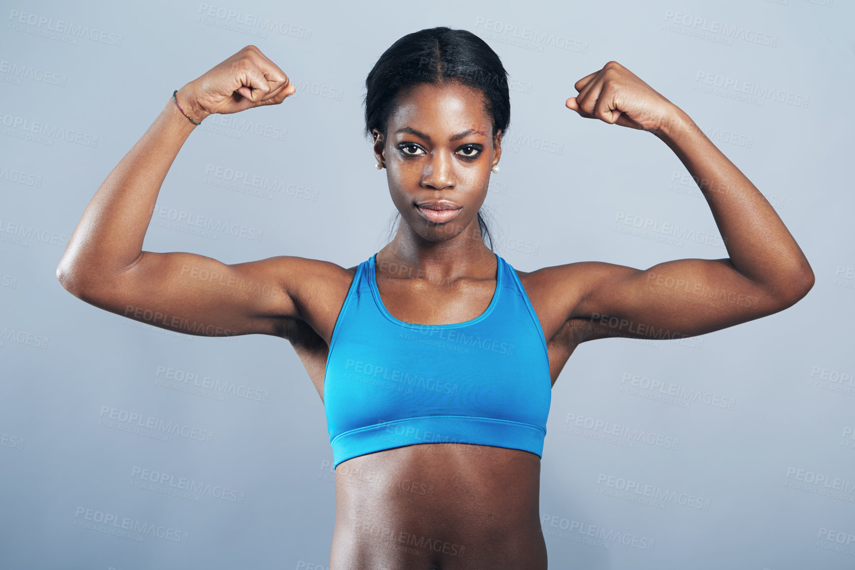 Buy stock photo Power, fitness and portrait of black woman flexing arm muscles for exercise motivation and strong body. Health, wellness and strength, female bodybuilder sports model in arm flex on studio background