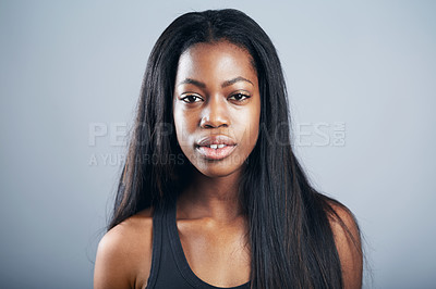 Buy stock photo Model headshot, portrait and a confident black woman isolated on a studio background. Jamaica, posing and a young African girl with long hair for modeling profile with confidence on a backdrop