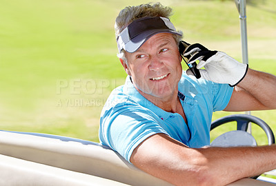 Buy stock photo Phone, man and happy golfer outdoor on a call for communication on a golf course. Senior person with smartphone and transport at club for a sports game on vacation or holiday in nature with mockup