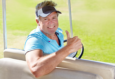 Buy stock photo Man, thumbs up and portrait outdoor in golf cart with a smile, hand sign or emoji. Senior male person or golfer with transport to play a sports game on vacation or holiday in nature and retirement
