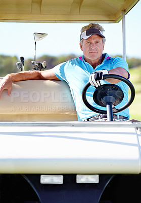 Buy stock photo Man, golf cart and portrait as happy athlete for sports exercise or competition, challenge or holiday. Mature person, face and driving transport on course or professional training, game or tournament