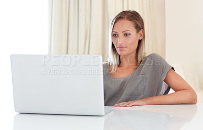 Buy stock photo Woman, laptop and remote work from home with analysis, idea and thinking for freelance copywriting job. Girl, computer and entrepreneur with planning, schedule or brainstorming with reading in house