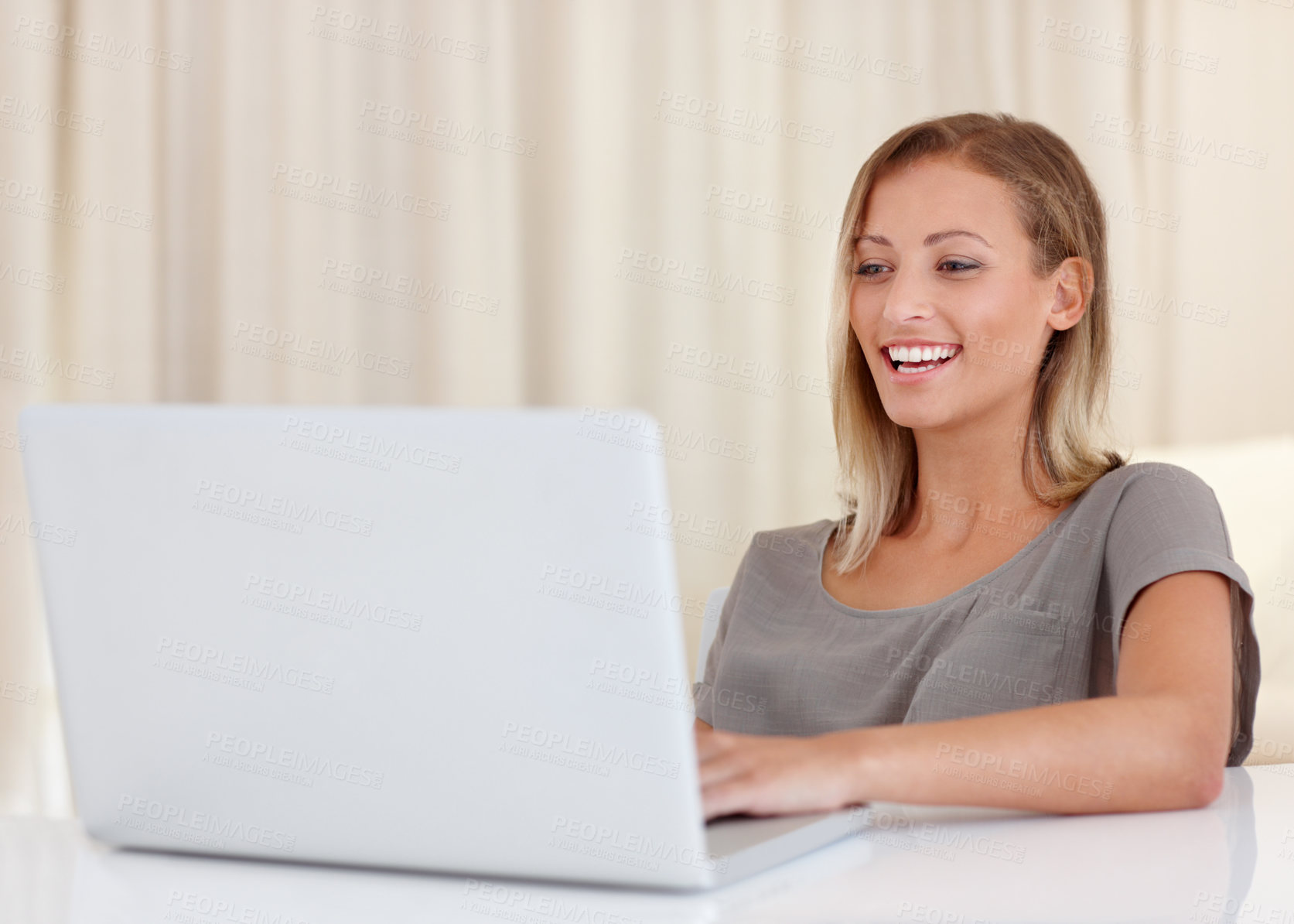 Buy stock photo Woman, laptop and happy for remote work from home, ideas and thinking with freelance copywriting job. Girl, computer and entrepreneur with planning, schedule and brainstorming with reading in house