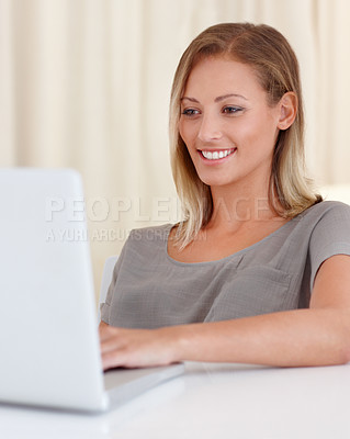 Buy stock photo Woman, laptop and remote work from home with smile, ideas and thinking for freelance copywriting job. Girl, computer and entrepreneur with planning, schedule or brainstorming with reading in house