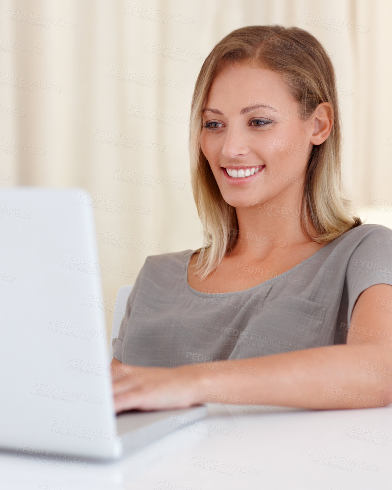 Buy stock photo Woman, laptop and remote work from home with smile, ideas and thinking for freelance copywriting job. Girl, computer and entrepreneur with planning, schedule or brainstorming with reading in house
