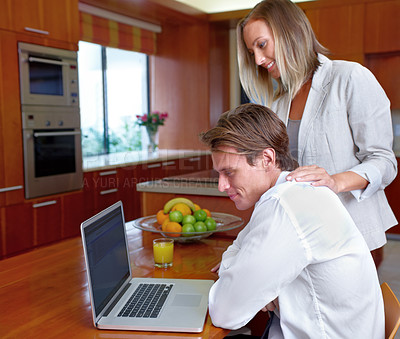 Buy stock photo Couple, laptop and home with email, online information and social network scroll with a smile. Marriage, computer and tech with web research, support and love together on the internet in a house