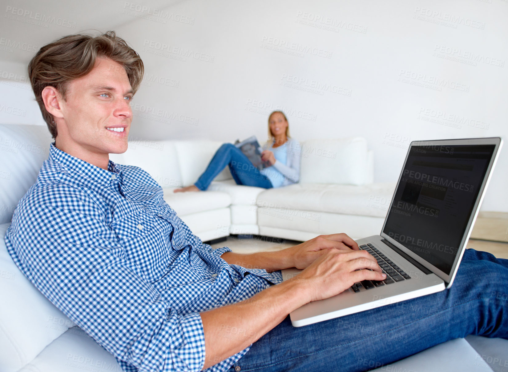 Buy stock photo Happy man, laptop and sofa on mockup screen for remote work, email or networking in relax at home. Male person or freelancer thinking on computer for communication, connectivity or idea on couch